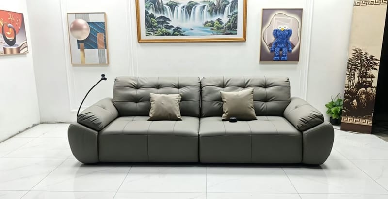 Gray Full Leather Power Reclining Sofa Bed, 2.85m