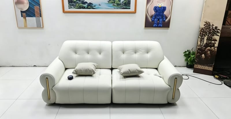 Longjiang Cloud Power Reclining Sofa Bed in Cream Leather
