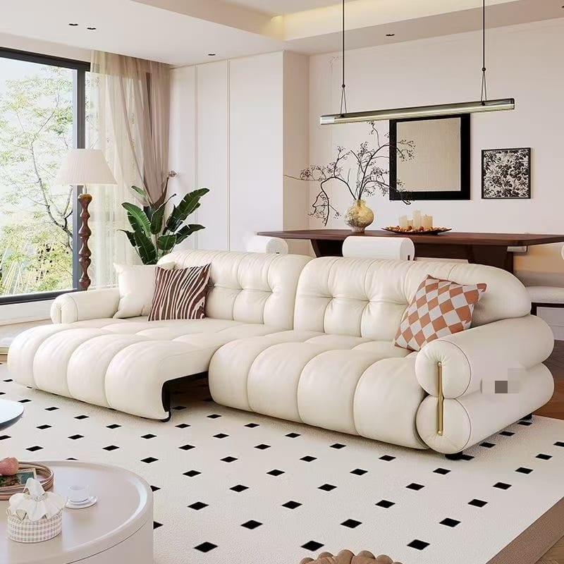 Longjiang Cloud Power Reclining Sofa Bed in Cream Leather