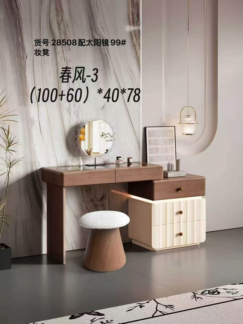 Mid-Century Solid Oak Vanity Table Set with Stool & Mirror