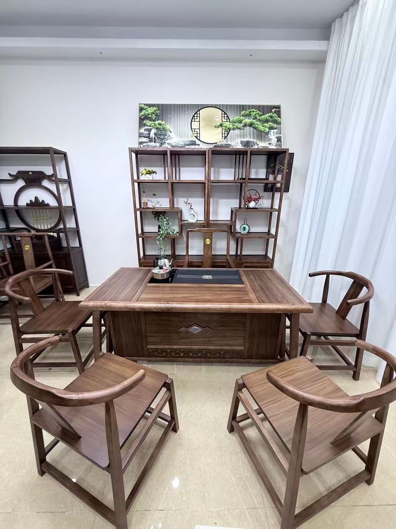 Tianshun HJ002 Solid Oak Tea Table Set with Five Chairs