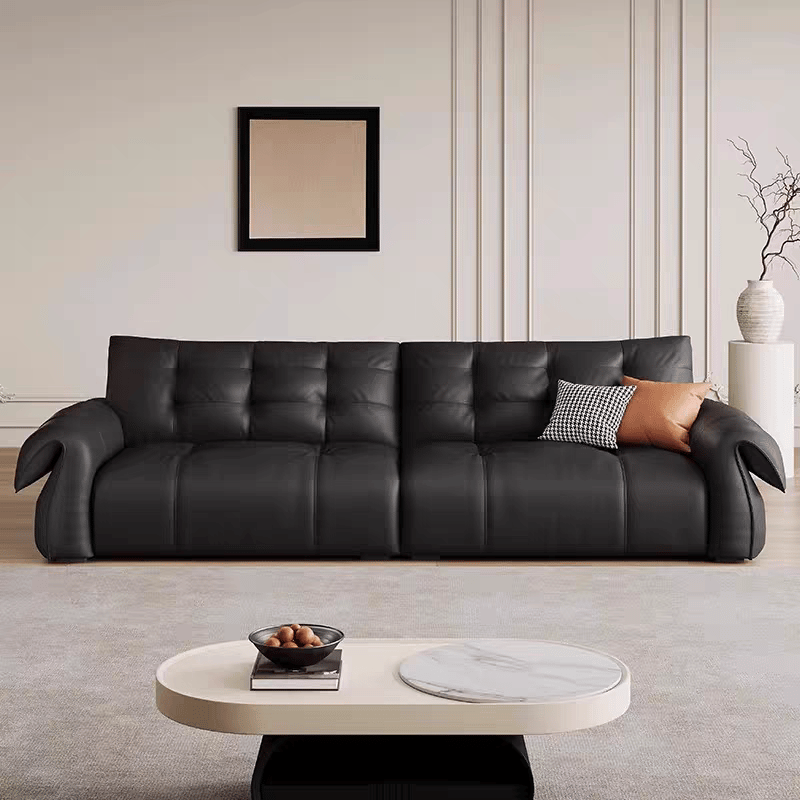 Daswant Modern Black Leather 3-Seat Sofa with Pine Solid Wood Frame