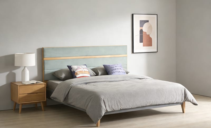Renhao Finbish Wood Light Gray Fabric Bed, Queen
