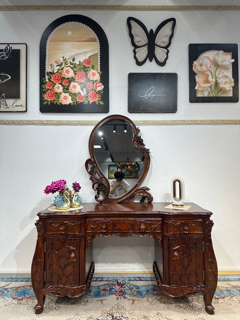 ZT133 Teak Dresser with Mirror Set, Hand-Carved Vintage
