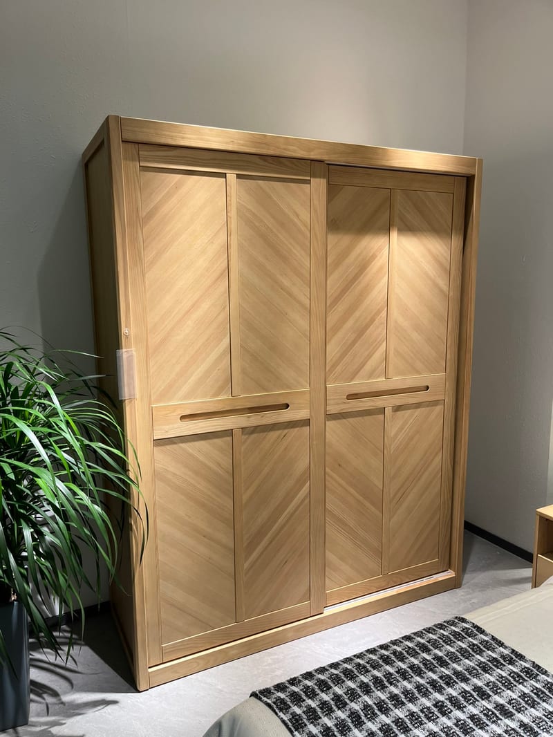 Ash Solid Wood Sliding Door Wardrobe, Natural Finish