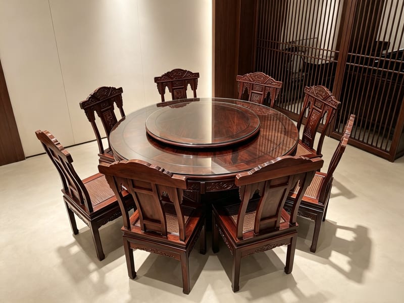 African Rosewood New Chinese Round Dining Set with 8 Chairs