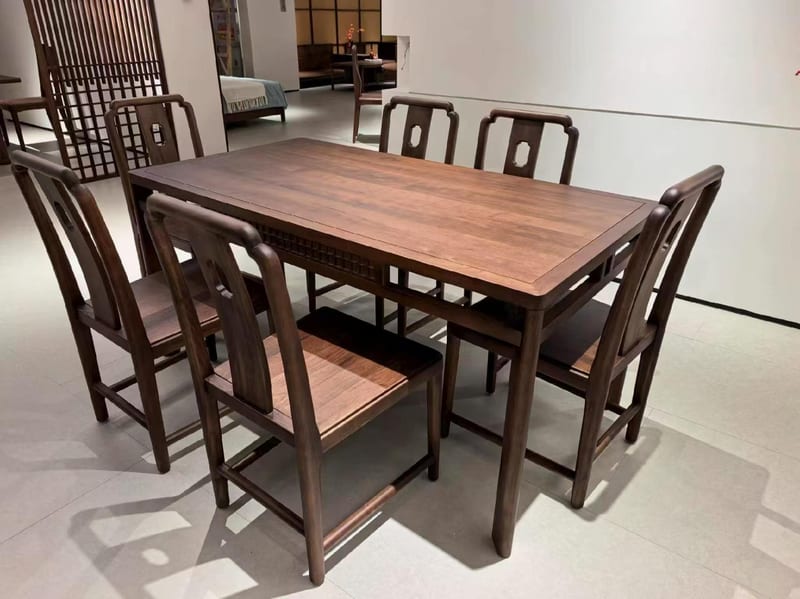 Solid Walnut Dining Set – Table & 6 Chairs, New Chinese