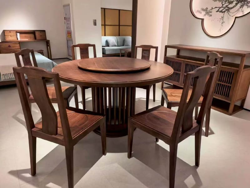 New Chinese Walnut Solid Wood Round Dining Table Set, 7 Pieces