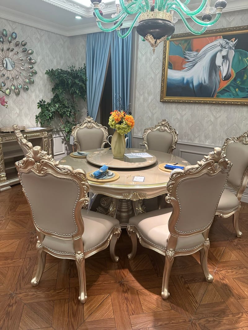 宝居乐 奶油金榉木圆餐桌六椅套装