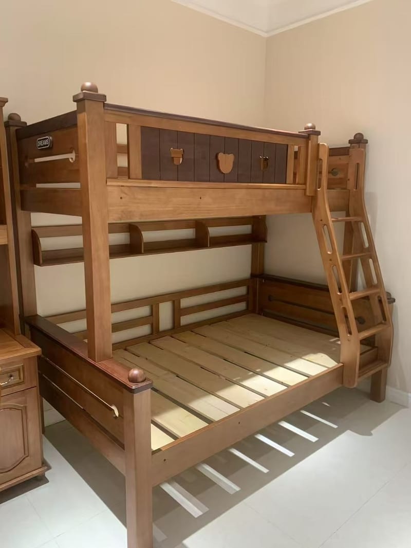 Oak Cloister Solid Wood Twin Bunk Bed with Bookshelf and Ladder