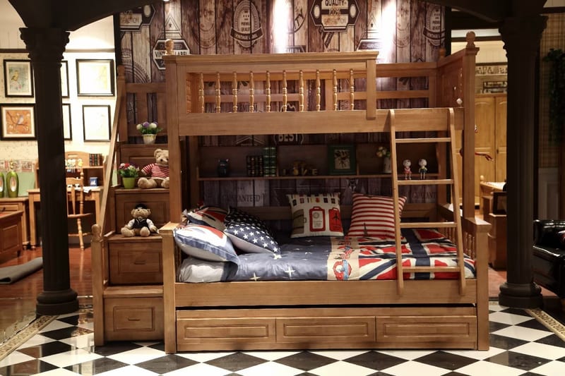 Oak Cloister Solid Wood Bunk Bed with Bookshelf & Ladder
