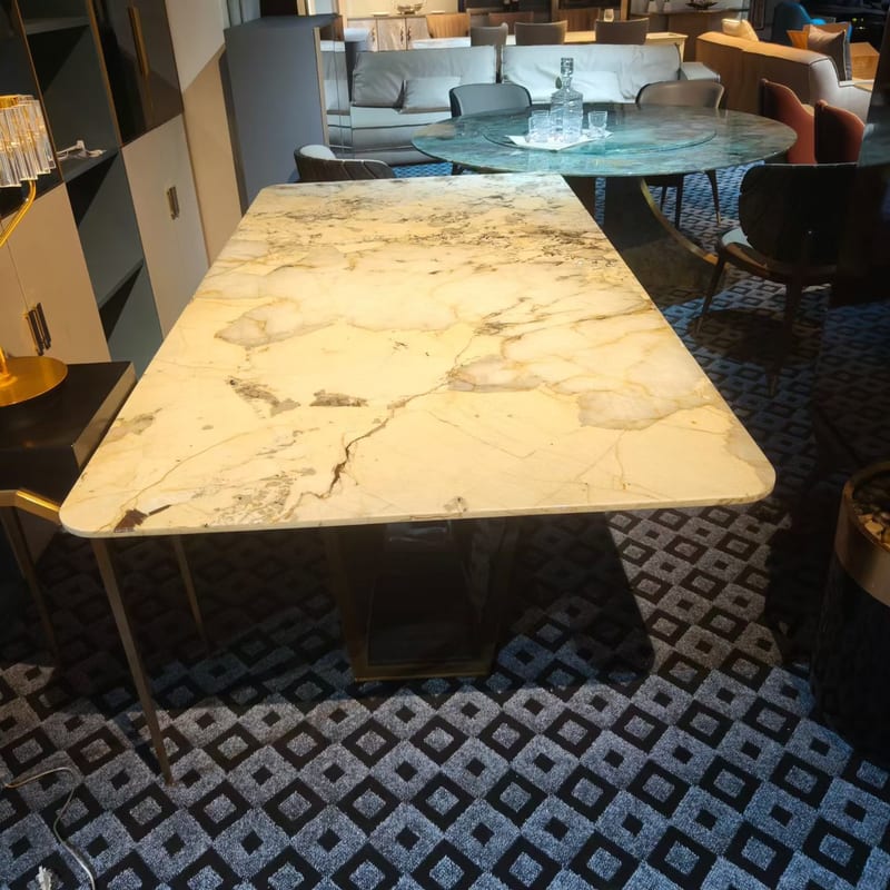 Baojule Rectangular Marble Dining Table, Blue Lacquer Base
