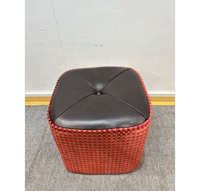 Rustic Square Stool 004 — Rattan, Solid Wood, Top-Grain Leather