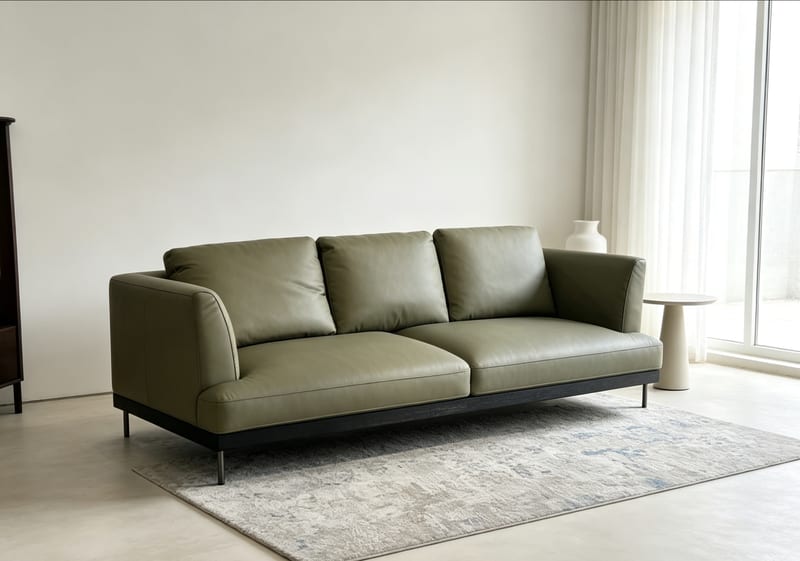 MENOIR AMS-S108 Olive Green Leather Sofa with Ash Frame