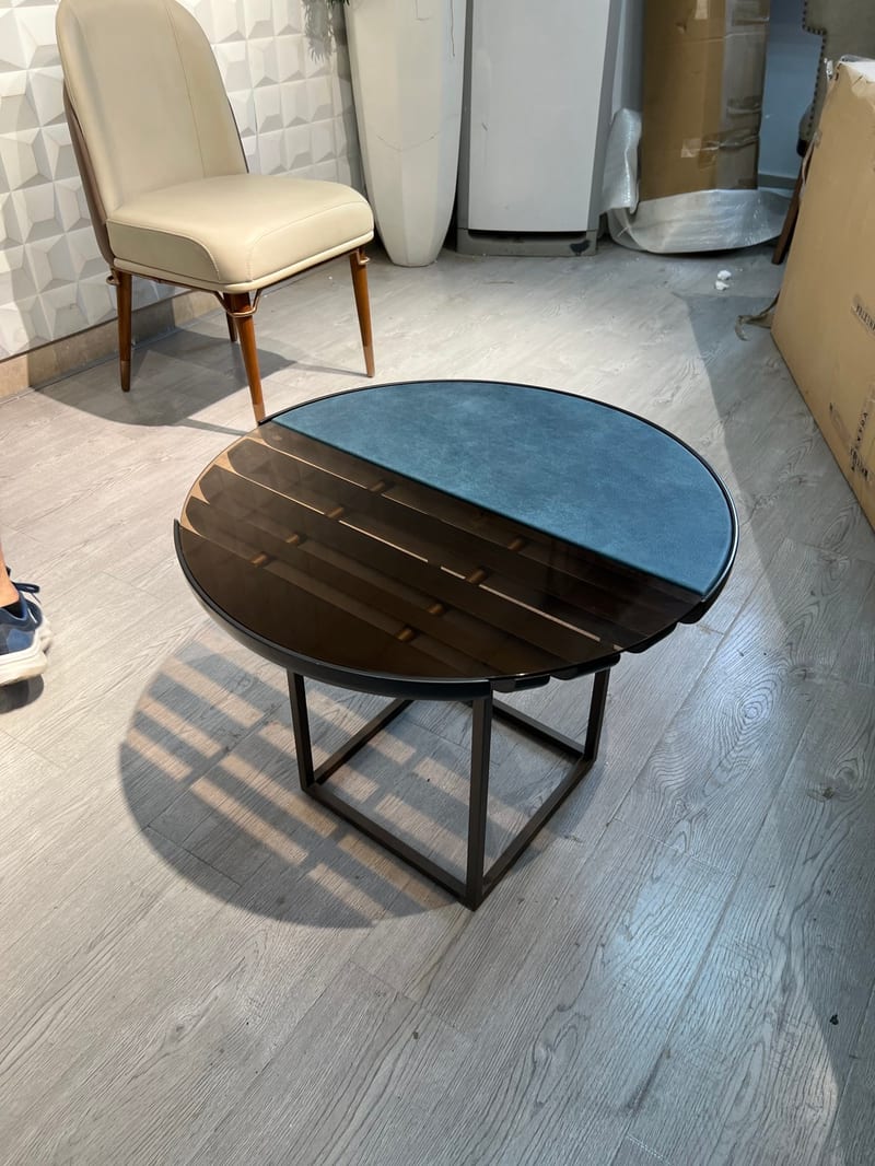 MENOIR Milo Round Side Table — Matte Leather & Tempered Glass