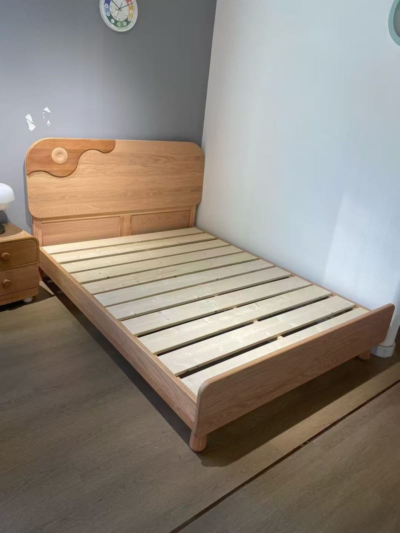 Premium Kids Collection Red Oak Solid Wood Bed, Natural Finish