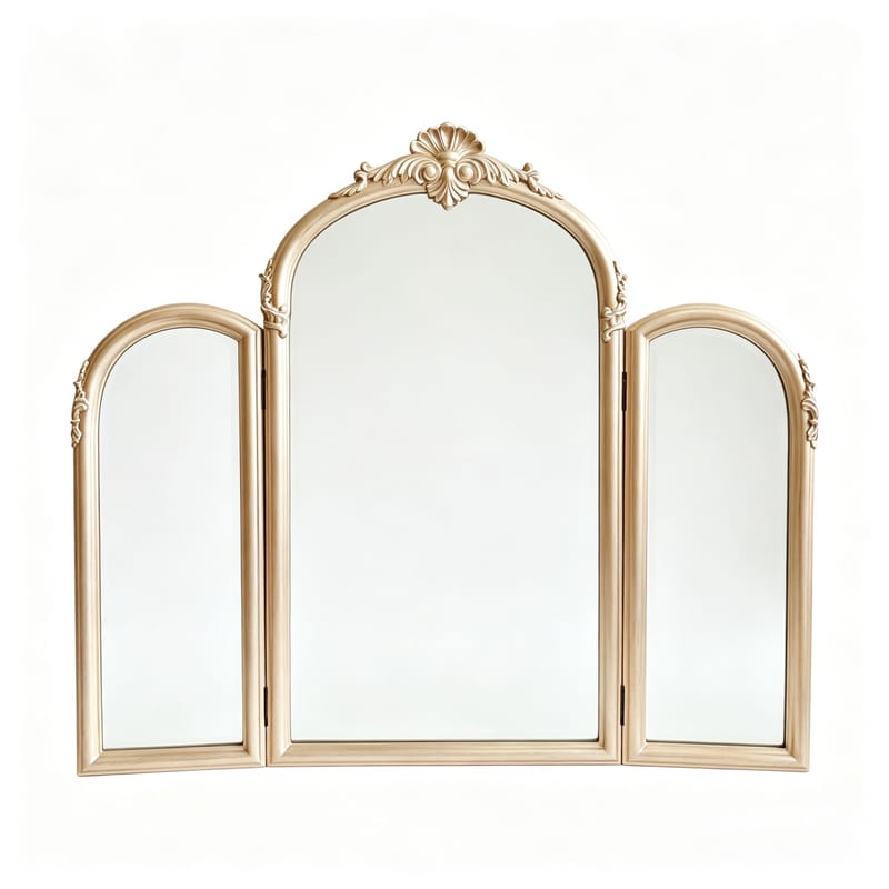 LIFEDBO Rose Gold Tri-Fold Solid Wood Wall Mirror