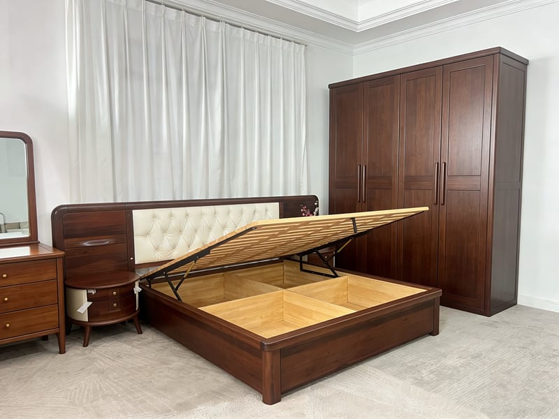 Yitong International Walnut Storage Bed with Leather Headboard