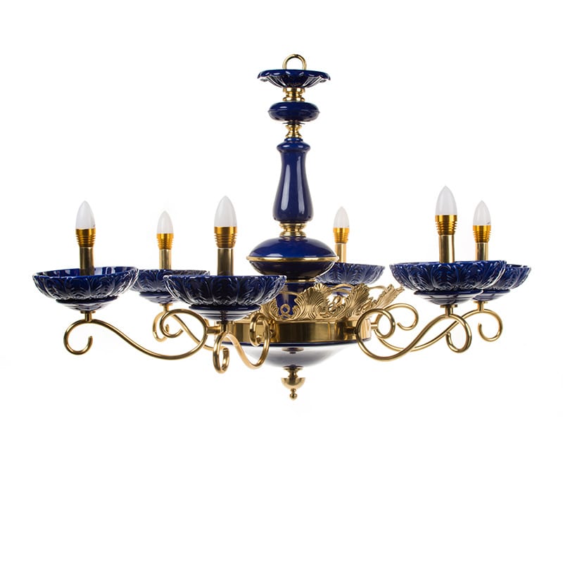 Italian Blue-Glaze Ceramic & Copper Pendant Light