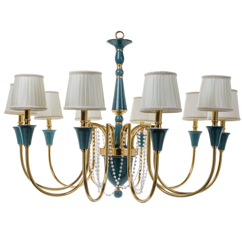 Italian Brass & Ceramic Cobalt Blue Ten-Light Chandelier