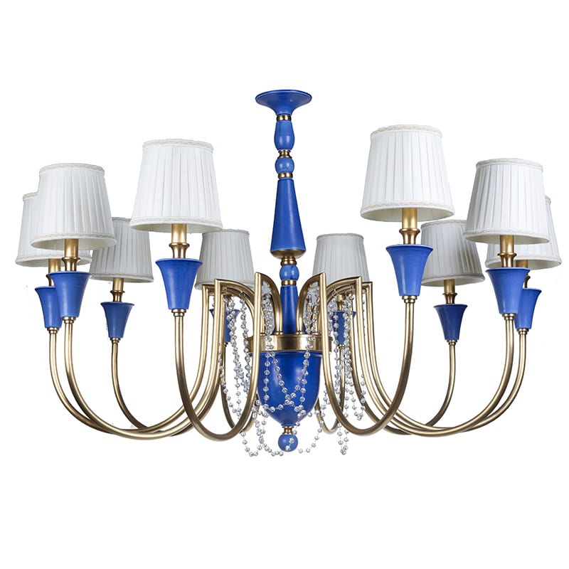 Italian Brass & Ceramic Cobalt Blue Ten-Light Pendant