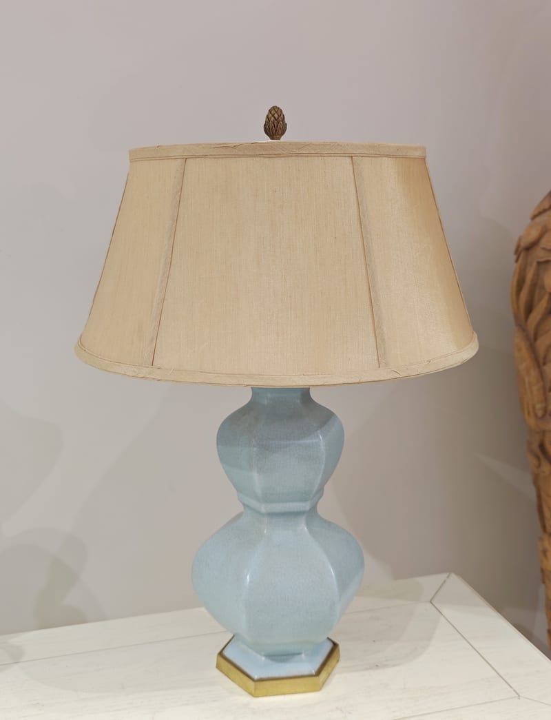 Copper-Wrapped Porcelain Gourd Table Lamp, Sky Blue Glaze
