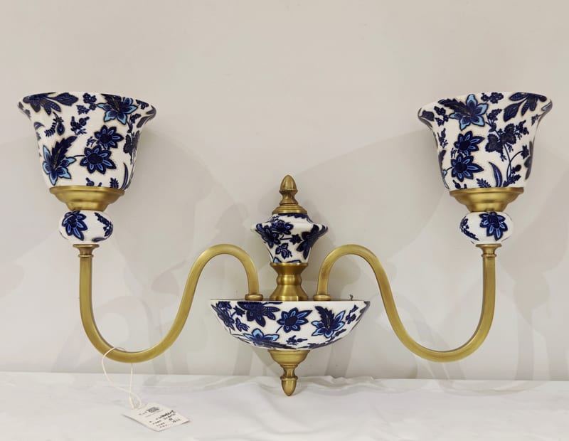 Blue-and-White Porcelain Wall Sconce with Copper Frame
