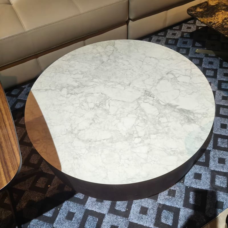Modern Round Sintered Stone Coffee Table, Black Oak
