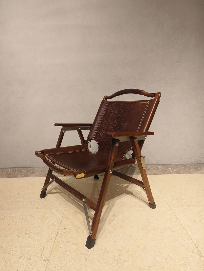 American Walnut & Crocodile-Embossed Leather Folding Chair