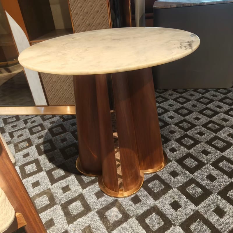 Italian Minimalist Round Side Table — Fendi White Stone Top, Rose Gold Base