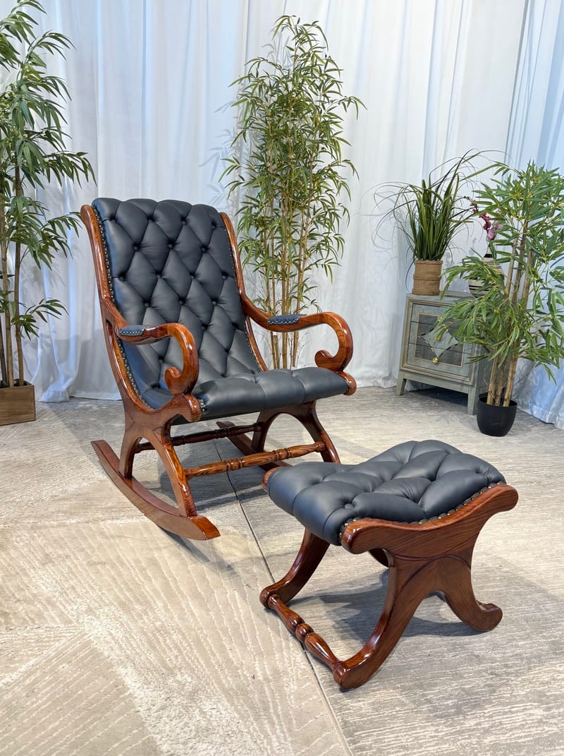 STDOME Wujin Wood & Navy Leather Rocker Chair with Ottoman