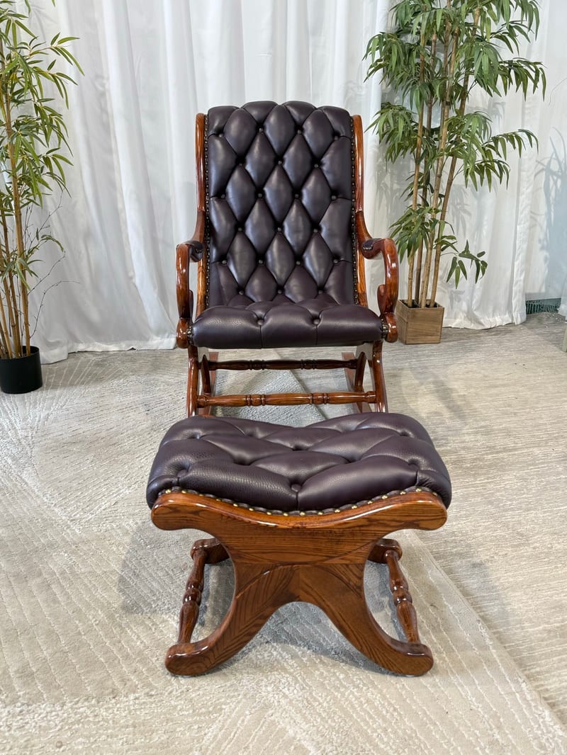 Divislin Solid Wujin Wood Leather Rocker with Ottoman