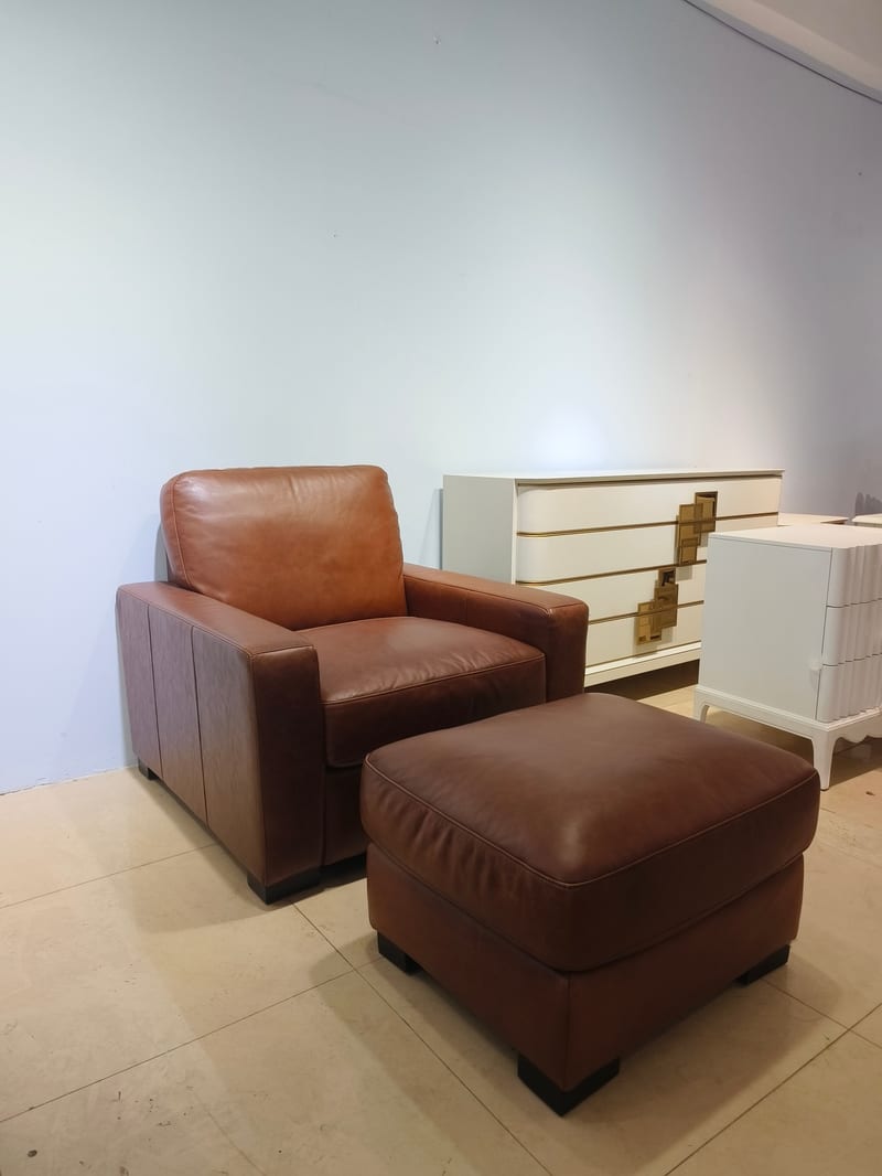 Waxed Leather Single Sofa with Ottoman