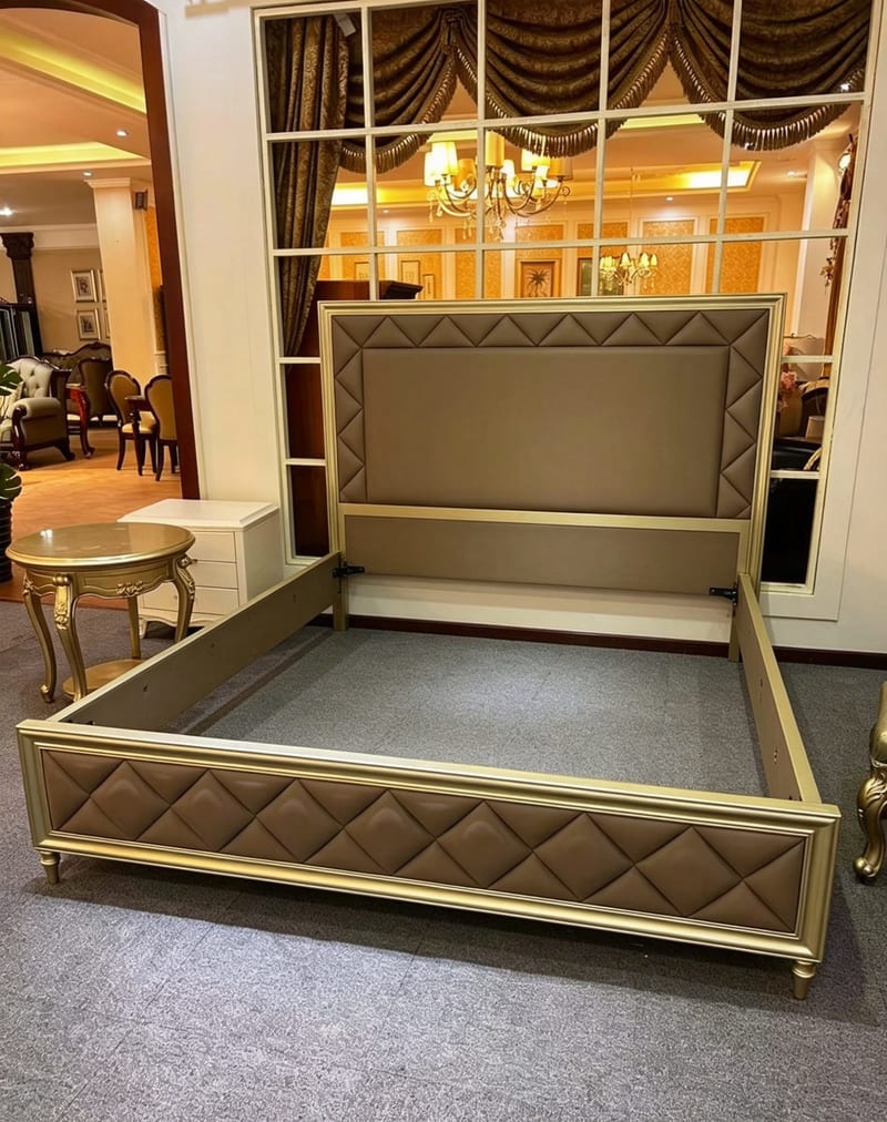 Markor Champagne Gold Faux Leather American Bed, Queen