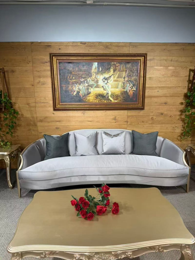SF153 French Four-Seat Sofa in Birch and Embroidered Linen
