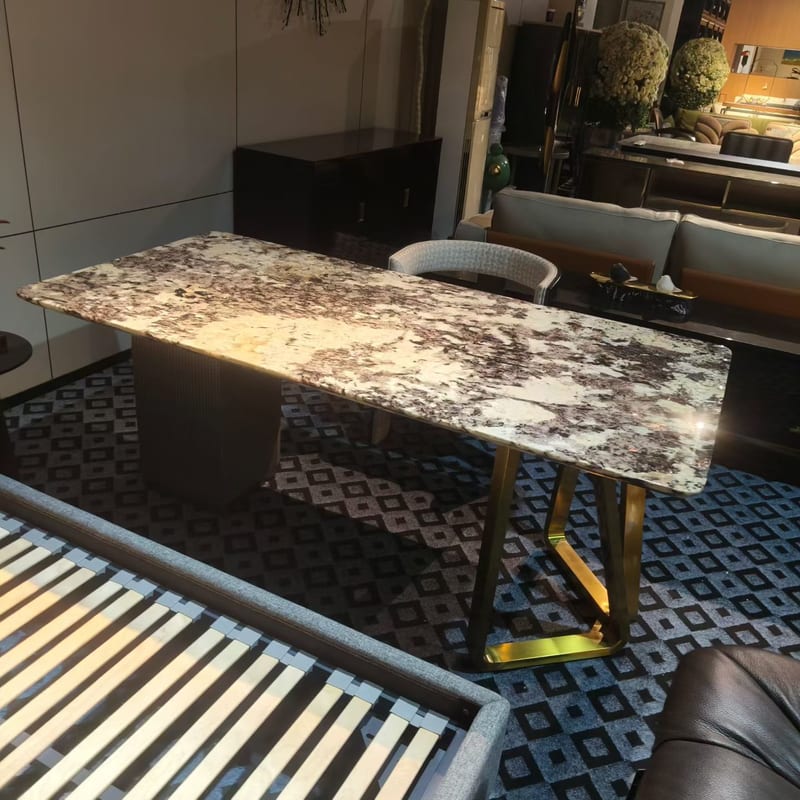 Italian Minimalist Blue Stone Dining Table with Storage Base