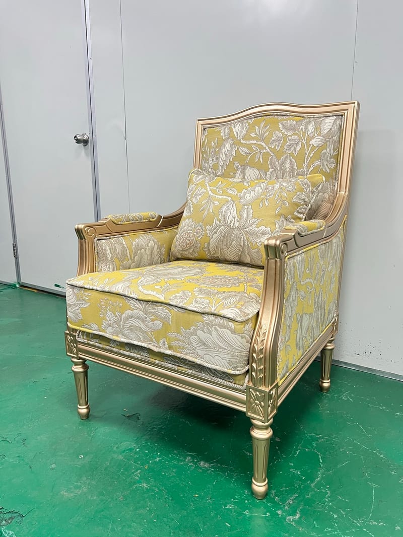 Solid Rubberwood Carved Accent Chair in Champagne Gold with Ottoman