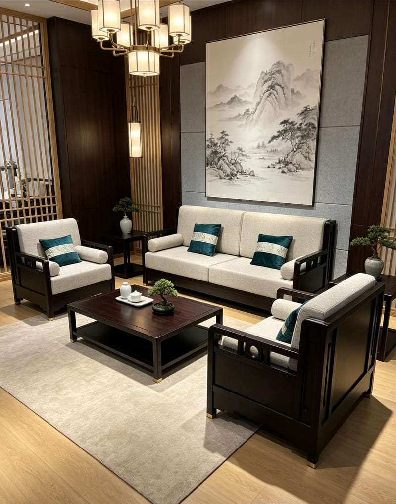 Yitong Tansong New Chinese Solid Wood Sofa, Three-Seat