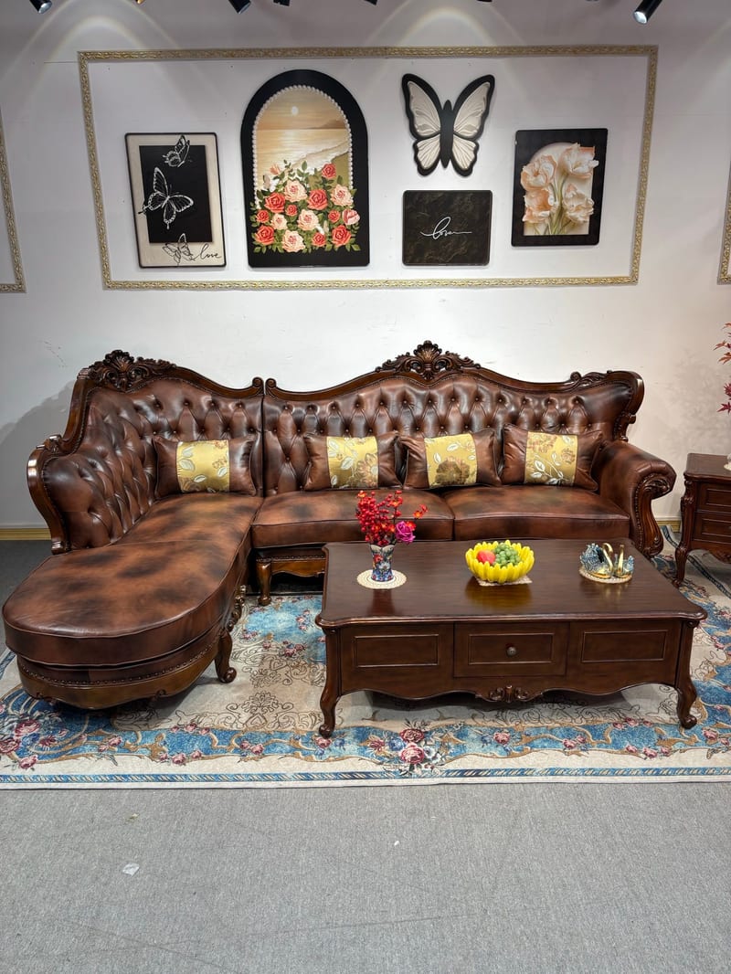 SF261 American Corner Leather Sofa with Mahogany Carving