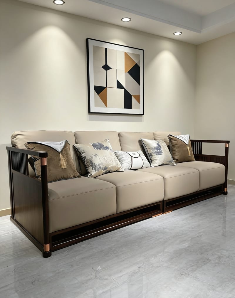 Song Style New Chinese 4-Seater Sofa 705-1 Ebony Wood Leather