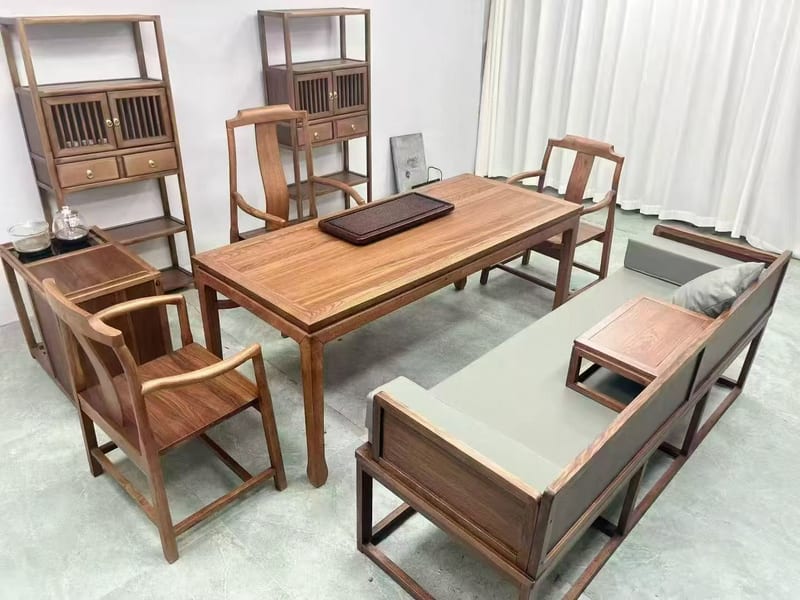 Solid Oak Tea Table Set with Luohan Bed & Cabinet
