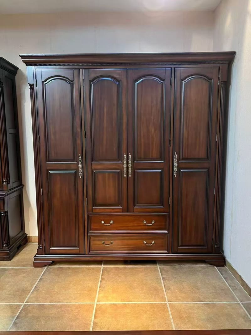 Classic American Four-Door Wardrobe in Solid Mahogany