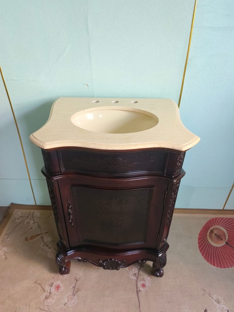 French Solid Wood Single-Basin Bathroom Vanity in Deep Reddish Brown