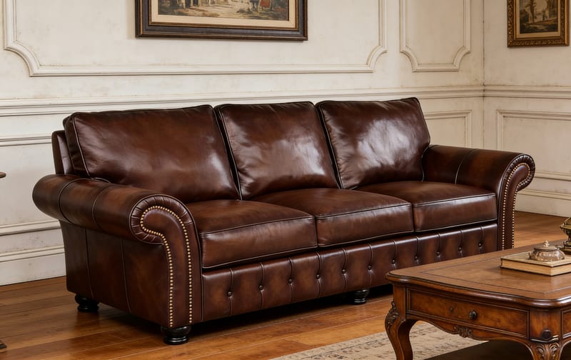 American Three-Seat Petal Sofa in Mahogany and Leather