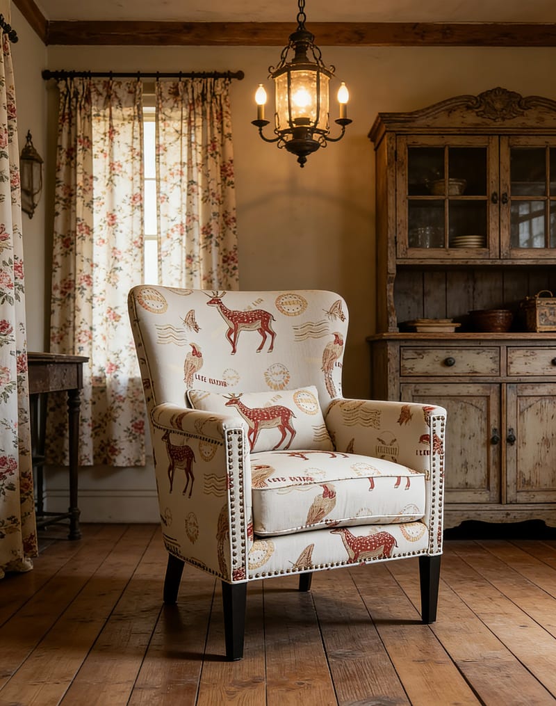 American Country Beige Jacquard Accent Chair