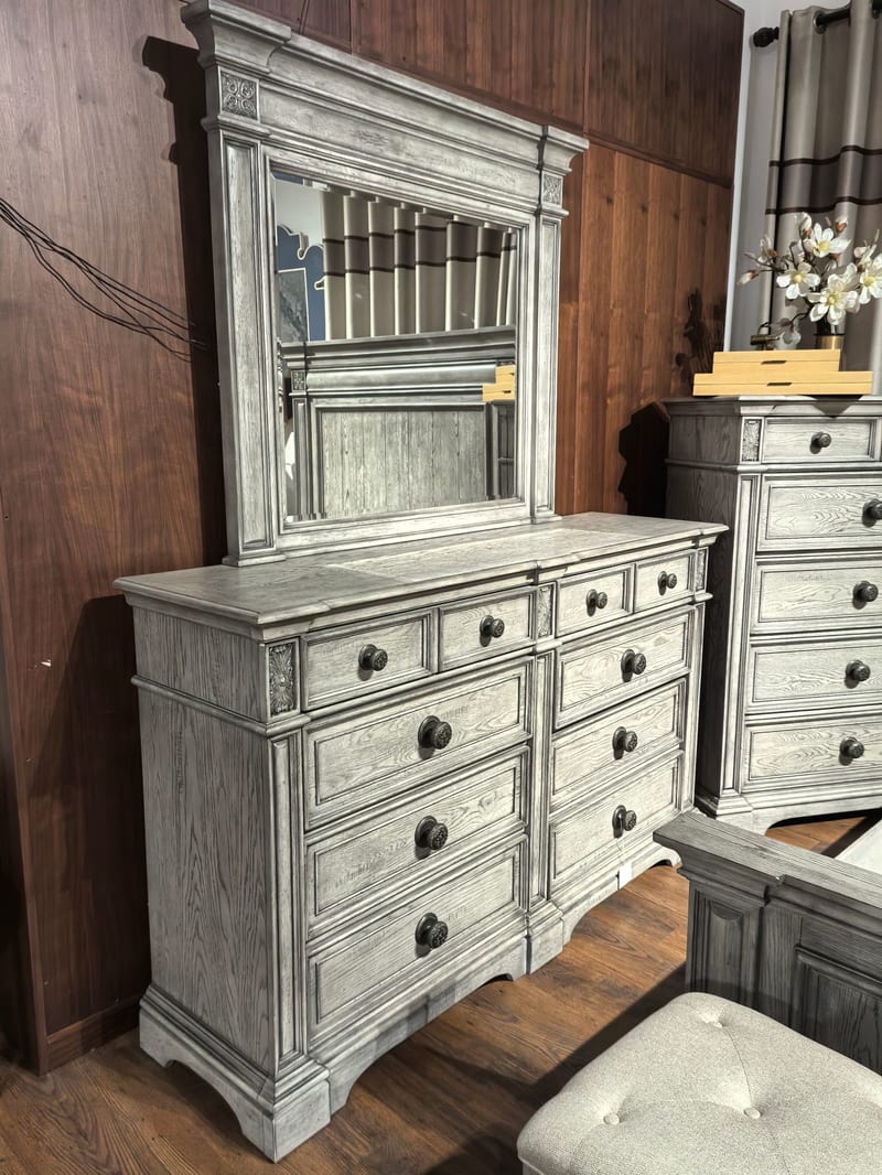 Whitewashed Gray Oak Dresser & Mirror Set