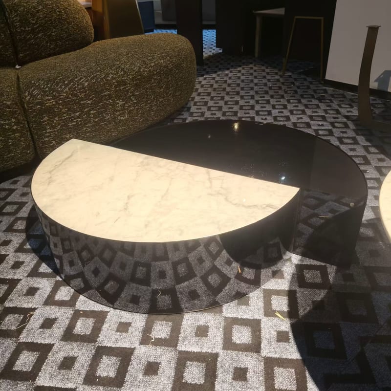 Italian Minimalist Round Marble & Glass Coffee Table Set