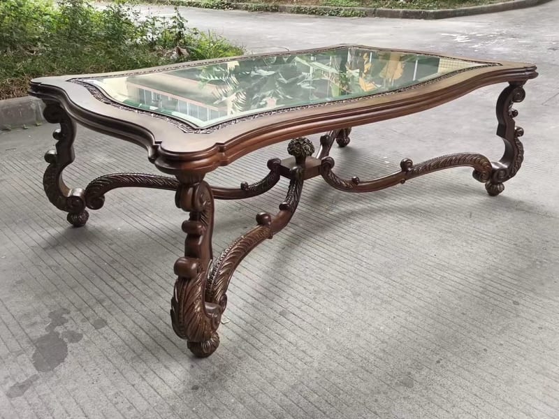 Birch Carved Round Glass Coffee Table