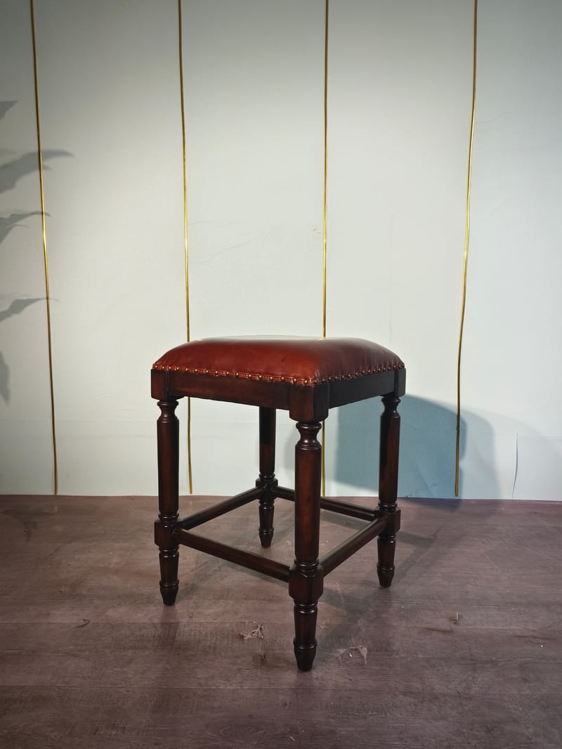 American Solid Wood Leather Bar Stool, Deep Reddish Brown
