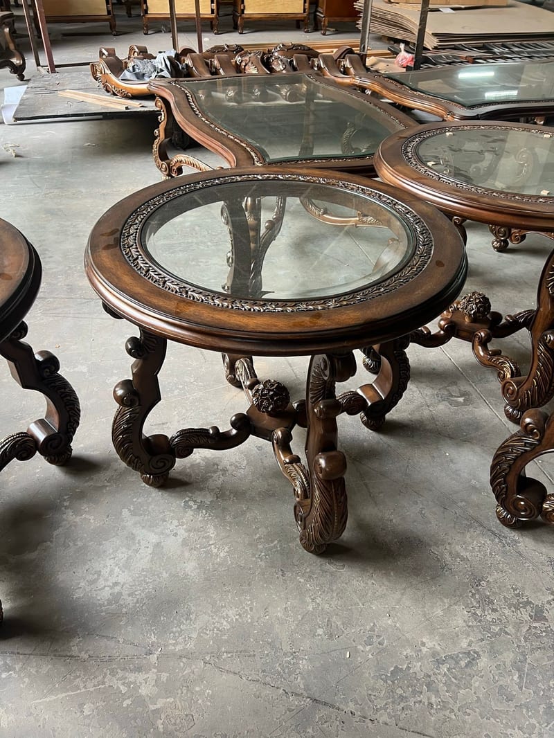 Carved Birch Round Glass-Top Table